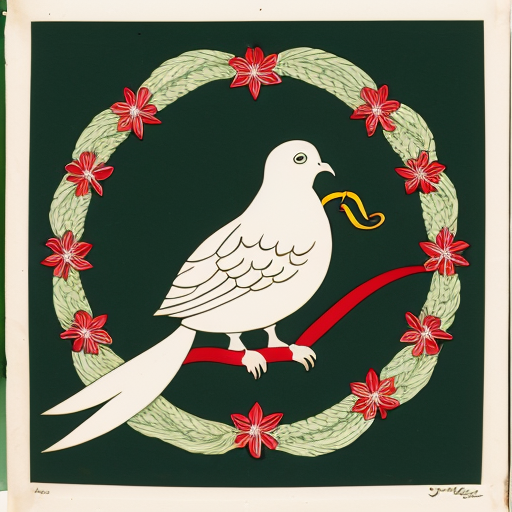 a flag with a dove in the middle and line designs behind the dove and in the mouth have a flower and the background green
