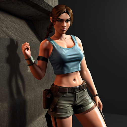"Low-poly style Lara Croft from Tomb Raider 1 (1996), perfectly recreated triangular breasts with visible polygonal edges and sharp angles, classic blue top and brown shorts, retro 1996 3D character aesthetic mixed with detailed rendering, ponytail, ancient tomb background, cinematic