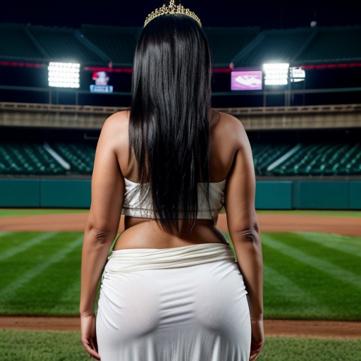 An erotic photograph of a full body rear view from behind, of a voluptuous plus size nude 50 year old pregnant Arab woman looking over her shoulder, with dark tanned skin, very long straight black hair, a gold tiara, waist chain, and earings, crouching on the field in front of the seats of a baseball stadium during a game. The woman has extreme unrealistic body proportions, with unrealistically large buttocks, hips, and breasts. She drops her white draped flowing dress down to her ankles to reveal her entire nude body with a focus on the woman's buttocks. The woman's face shows a mixture of happiness, pleasure, and exhaustion. A crowd of boys and girls cheer her on.