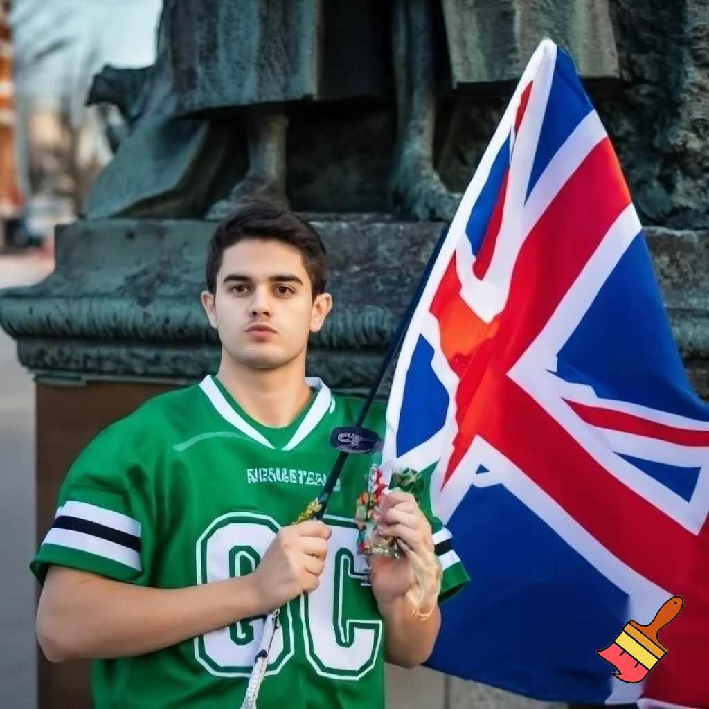 Young male, athletic build wearing Sask Roughrider jersey.  He's holding a union jack flag and standing in front of a statue of Winston Churchill.