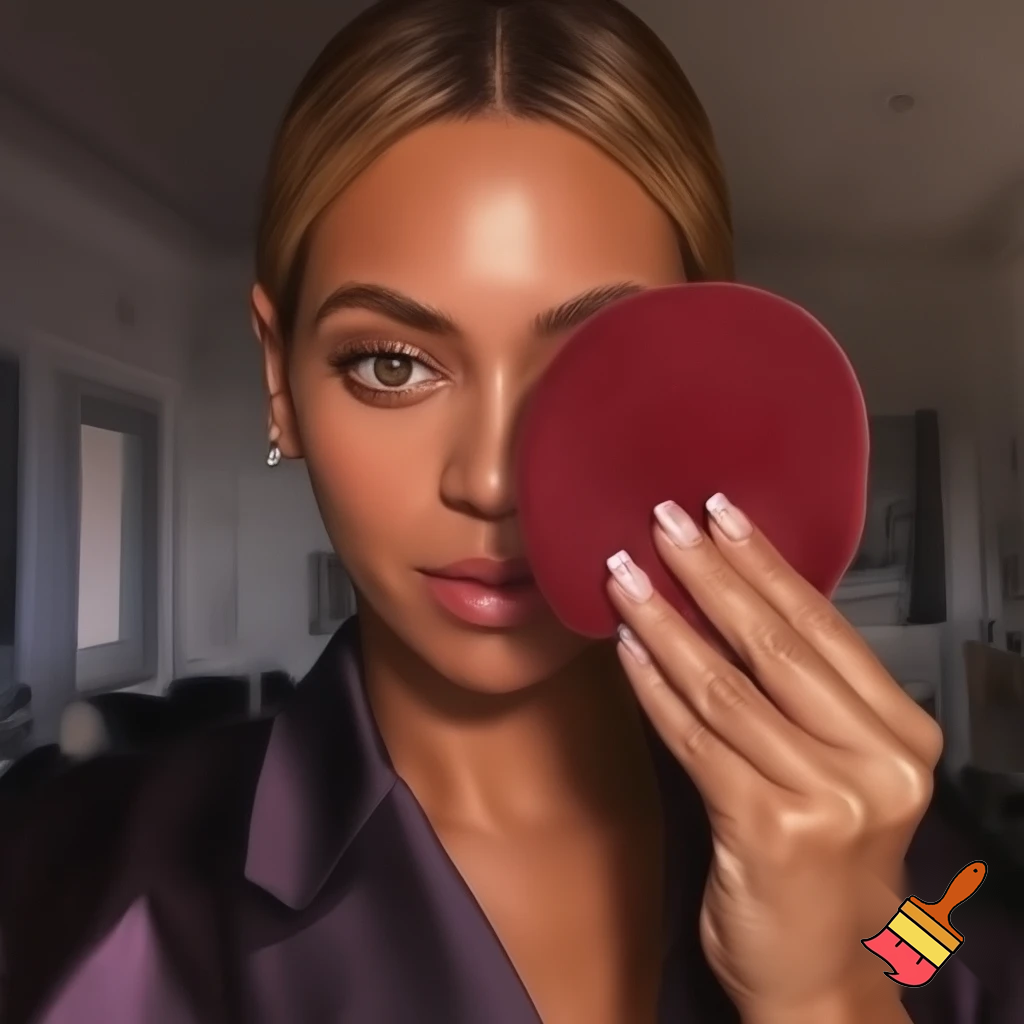 Beyonce with honey blonde slick hair holding a period pad full of blood selfie in her room