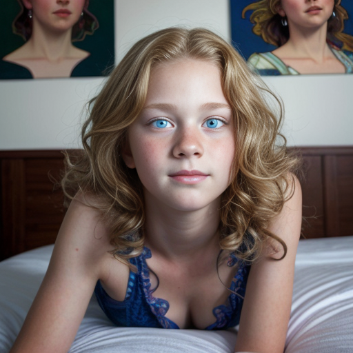teen ,, , lifelike, portrait, highly detailed, , sharp focus, illustration, art by kittichai  and james gurney and alphonse mucha, ,  with curly blond hair and vibrant blue eyes, photorealistic, at her room, laying