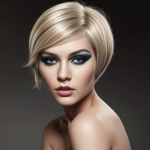 Attractive woman with an ash blonde pixie cut and a slim build wearing bold makeup