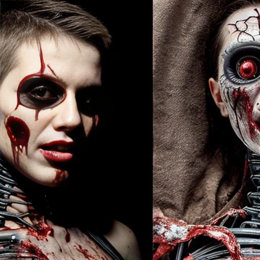 ​A screenshot of a social media feed with two stacked posts, featuring unreadable, distorted text and standard interaction icons. The top post displays two side-by-side images of a distorted, macabre humanoid figure in a blood-soaked, tattered gown, covered in tattered cloths, lying on light dirt. The bottom post shows a single image of a messy, desolate space filled with debris and a dark, heavily distorted demon, The entire image must have a low-resolution, weirdcore, "cursed image" style with early AI generation artifacts., body horror 