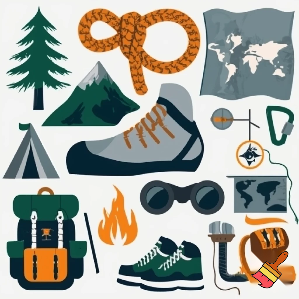 icons of : climbing shoe, figure 8 knot, fir tree, mountain, campfire, tent, carabiner, compass, backpack, world map, hiking shoe, binoculars