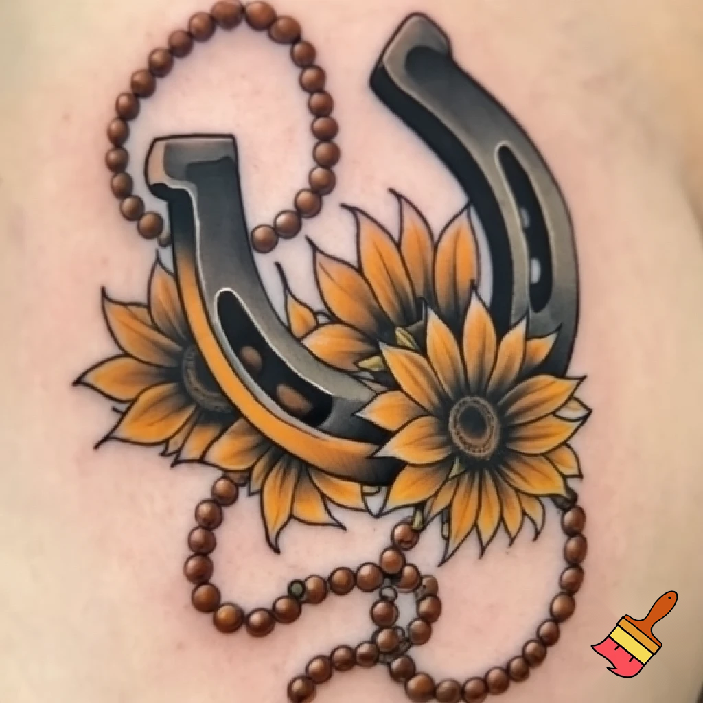 Tattoo with horseshoe, sunflower and Prayer beads 