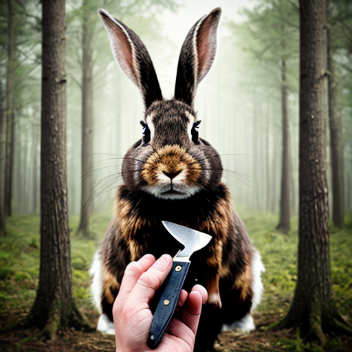 European rabbit, holding knife, forest, evil