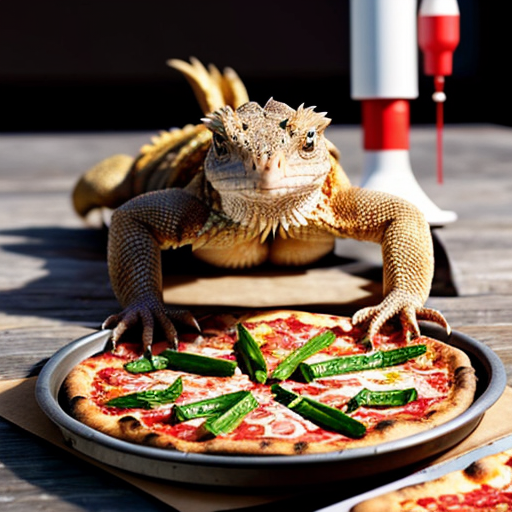 A scene in the holoscene period, where a bearded dragon thats 8 inch long, and is eating pizza with a rocket launcher on its back.