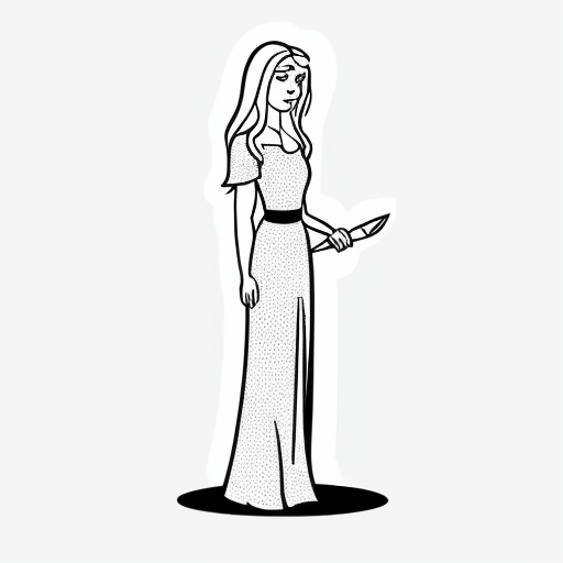 young tall white-haired woman in armor is sad because she lost her knife.