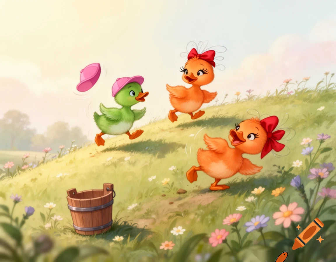 Green brother duckling with pink cap and orange sister duckling with eyelashes and red bow went up the hill to fetch a pail of water, green brother duckling with pink cap fell down and broke his leg and orange sister duckling with eyelashes and red bow came tumbling after.