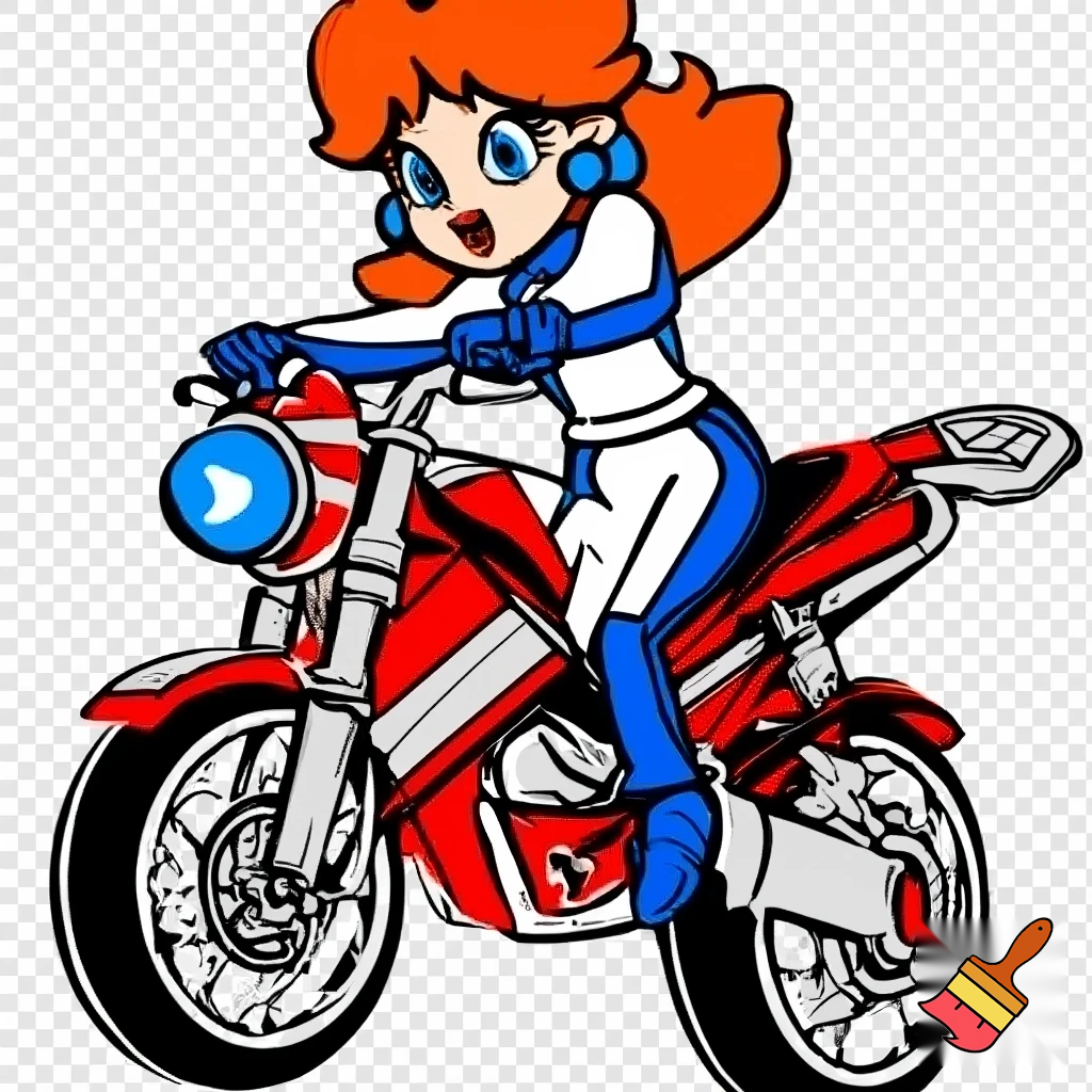 princess daisy riding a motorcycle wearing a racing jump suit in classic line art style with full color