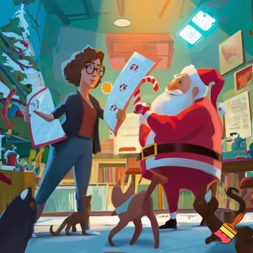 teacher and Santa fighting over if cats or dogs are better
