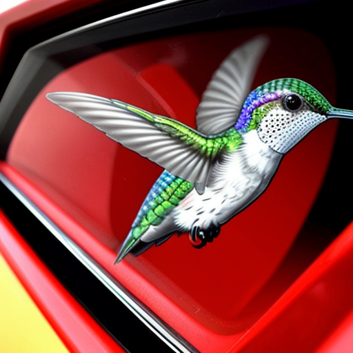 Create an image of a hummingbird with a speed gauge like in a car, with mph, on it that is red lining which means the line is in the red and going really fast, make it highly detailed.