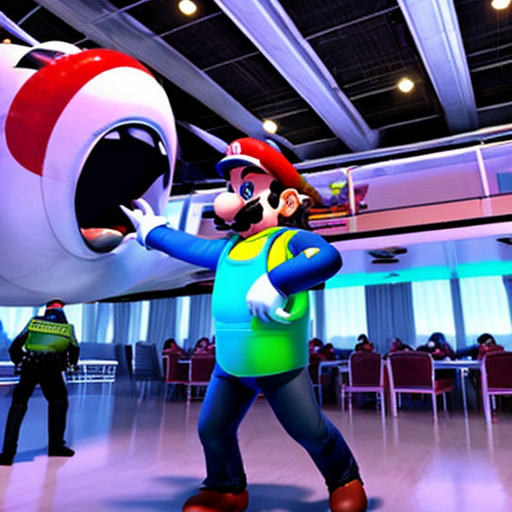 mario on top of a 747 dancing around ignoring the cops orders to get down