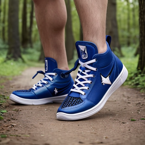 Make a shark with blue shoes on runing away into the woods fast the shark is wearing the shoes running