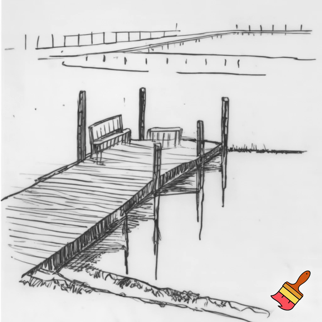 A construction sketch of a dock with a T shaped end with two benches over a small pond