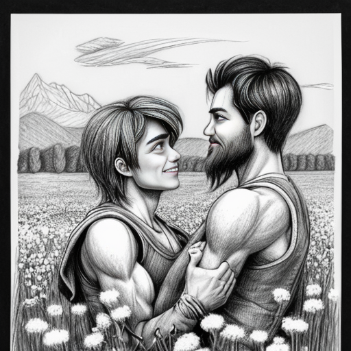 a pencil drawing in a cartoon style of 2 men holding each other romantically, one is muscular and has a short beard, the other is extremely thin and has a cane, put them in a field of flowers with nothing around but blue sky and mountains