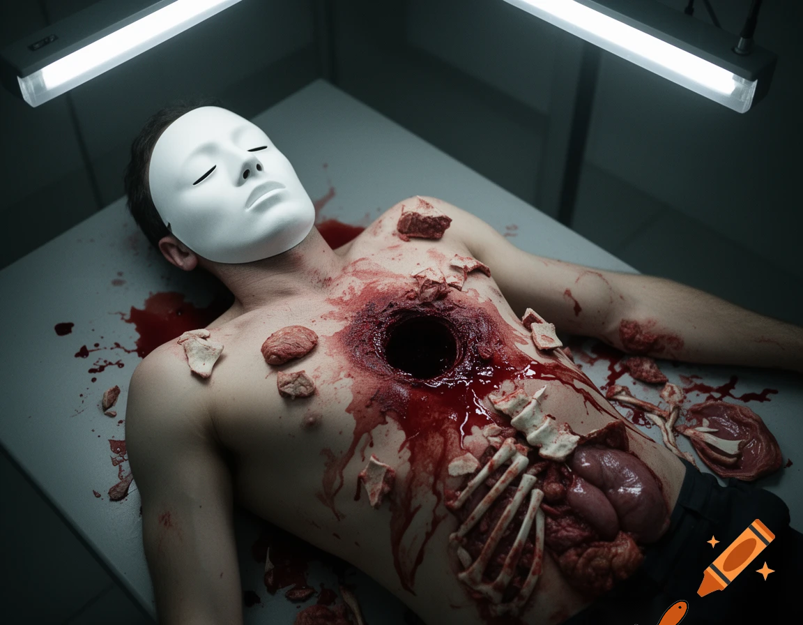 A corpse shirtless man, died, face are wearing mask, eye closed, chest fully opened wounded circle on center, blood everywhere. Gibs and ribs (from chest bone) everywhere and broke, organs piece by piece.