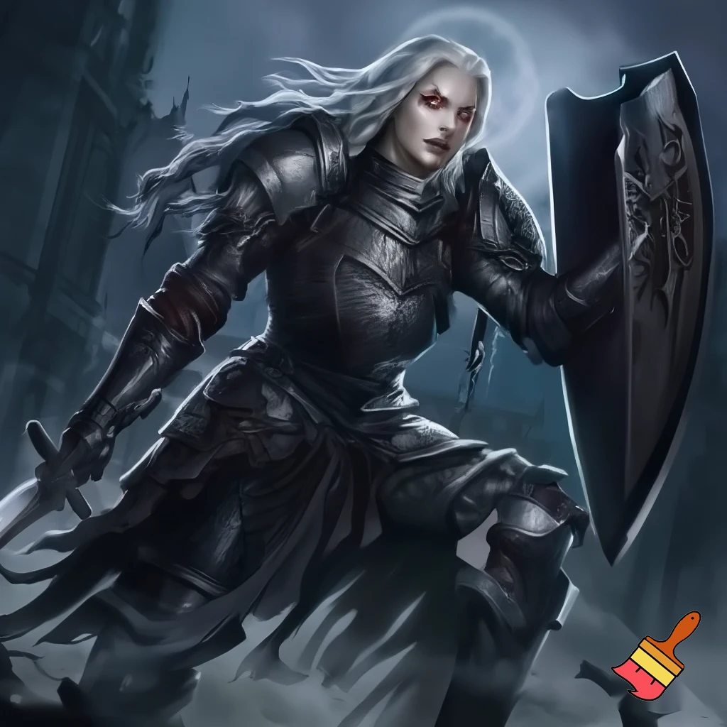 Pathfinder. dhampir female. heavy armor. Sword and shield. Gothic. High quality. Dynamic pose. White hair red eyes.