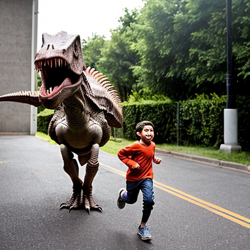 a kid running from a dinasour getting ride by a human
