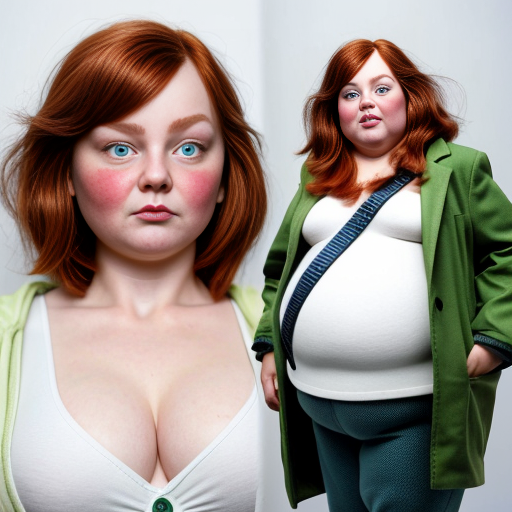 A fat lady that wears a green coat, has bulging ankles, dirty sneakers, loose fleshy cheeks, neck covered by fat, sparse red hair pinned back by a plastic barrette, tiny face features, and small blue eyes.
