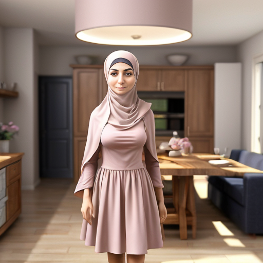 Pixar-style 3D cartoon, Muslim woman, 50 years old, fully covered, headscarf covering all hair, modest appearance, wide flowing pink dress, standing in a modern living/dining room, placing plates on the table, preparing food to eat, medium-class interior, neutral colors, simple furniture, cozy atmosphere, bright friendly lighting, simple cartoon style