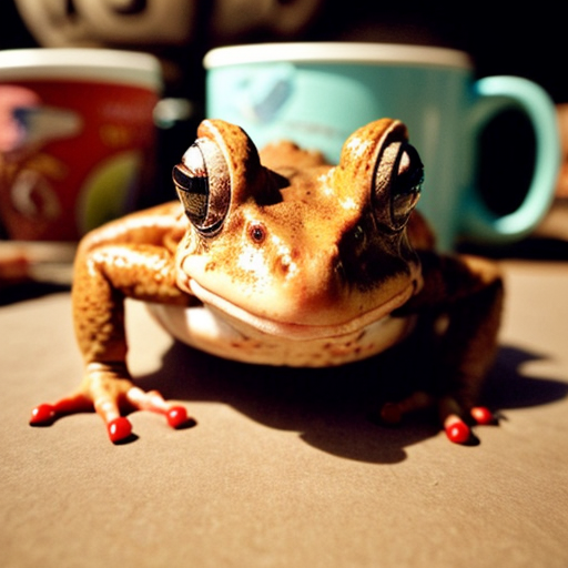A hillarious, funny boho toad with some hippie colored coffee cups. Psychedelic decorated background, hyperrealistic. Close-up view.