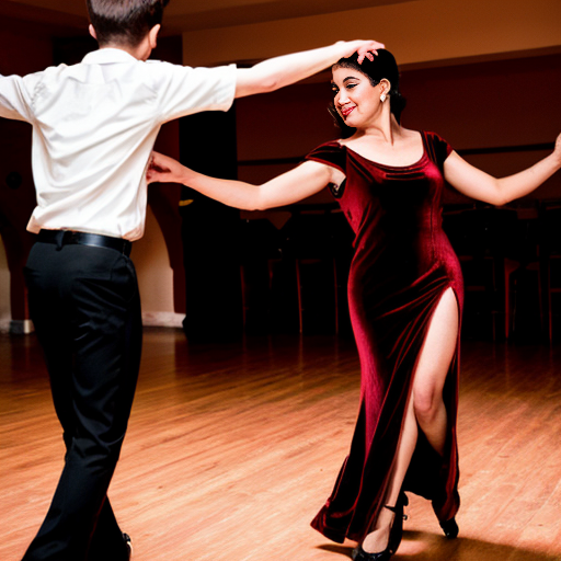 Mom dancing with group of boys a latin dance.she is wearing velvet leg slit dress.red rose on her hair.