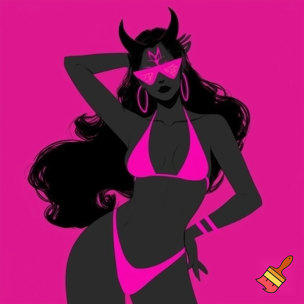 The image is a stylized illustration featuring a dark-skinned, possibly demonic or horned character, posing confidently against a vibrant hot pink background. The character has long, flowing dark hair and prominent horns that curve upwards from their head. Their eyes are obscured by a pair of sleek, triangular hot pink sunglasses.
They are depicted wearing a minimal hot pink bikini, consisting of a triangle top and a high-cut thong bottom. A distinctive symbol, resembling a trident or a stylized "psi" symbol, is visible on their forehead, also in hot pink. The character is adorned with large hoop earrings and a bracelet on their left wrist, all in matching hot pink.
Their body language suggests confidence, with one arm raised and bent behind their head, and the other hand resting on their hip. The overall style is bold and graphic, using strong outlines and a limited color palette of black and hot pink, creating a high-contrast and striking visual.
