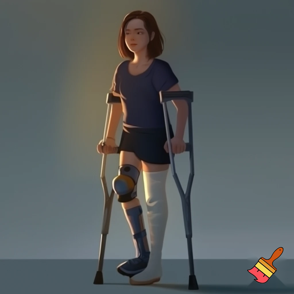 Young woman toe surgery post op shoe on her left foot and on her left knee is a ACL knee brace and her right leg locked in a long leg cast she stands up with crutches 