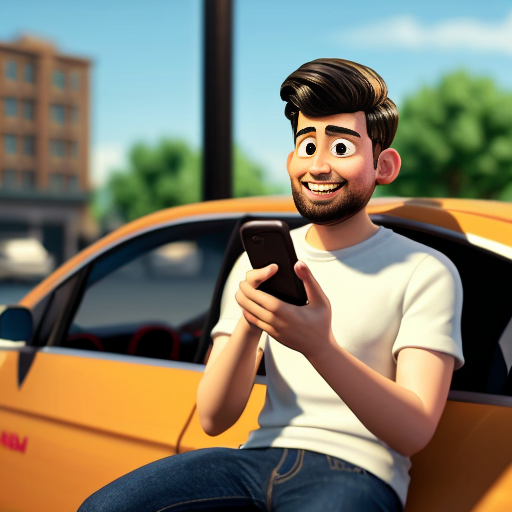 Pixar-style 3D cartoon, young Muslim man, 20 years old, beard, black jeans, white shirt, sitting in a car, holding phone to his ear, answering a call, relaxed pose, big expressive cartoon eyes, friendly smiling face, city visible through car windows in the background, bright colors, cinematic lighting, simple cartoon style