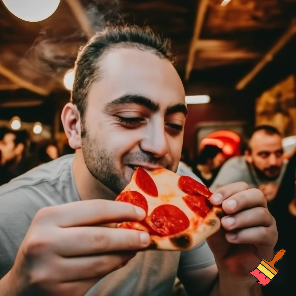 man eating pizza
