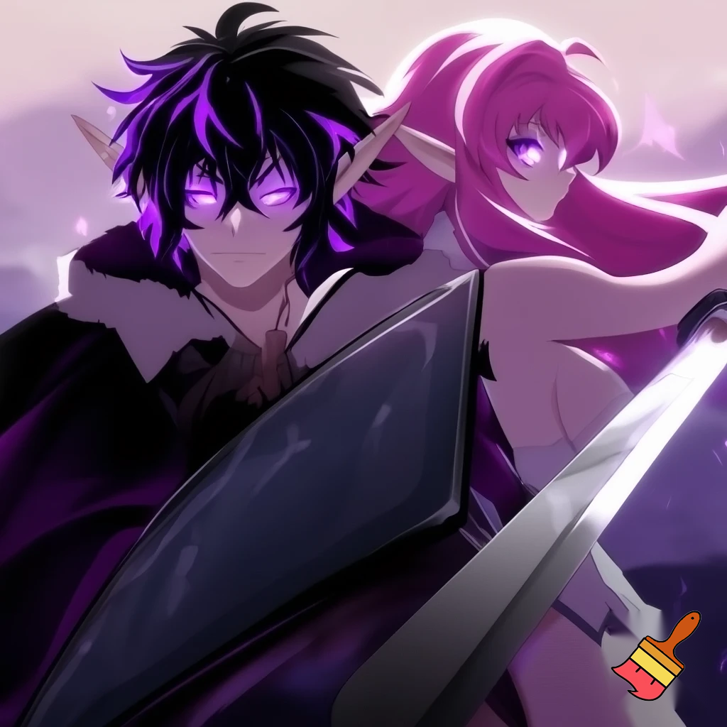 Anime boy, emo, black and purple streaks in hair, elf ears, glowing purple eyes. Anime girl with pink long hair and curves, pink eyes. two people. in a pose. anime Rising Shield hero Style. the Male holding his Shield. the girl holding the Sword. 