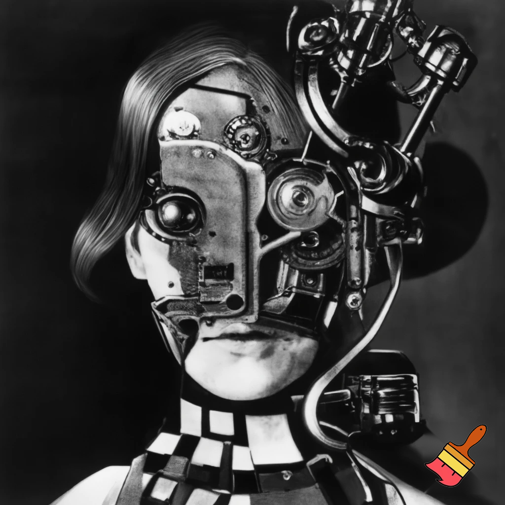 Bio-mechanical girl portrait, noise art. In the style of a 1920's German Expressionism. Black & white.