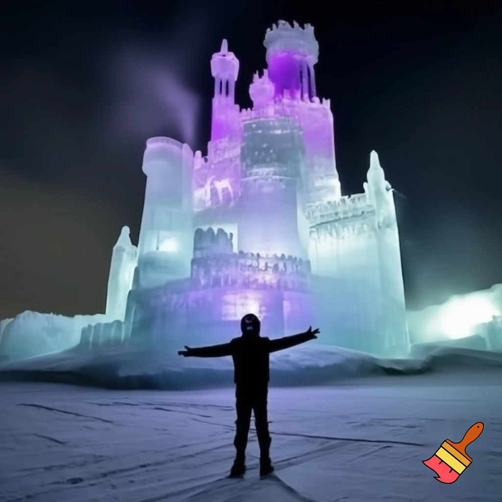 a giant purple castle made of ice rising from the snowy ground, floating above it, a silloughete of a boy with his hands outstretched, and his eyes glowing