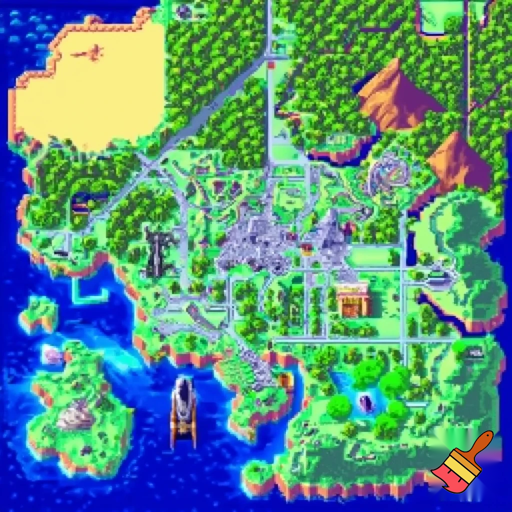 Carte monde pixel art rétro d'un jeu Pokémon-like avec 30 zones connectées logiquement : une grande ville centrale (Ville Hub), maison et jardin au nord-ouest, forêt à l'est, désert au sud-est, jungle à l'ouest, océan au sud, usine cyberpunk au nord, sous-terrain avec manoir hanté, temple chrono avec portails, arcade jeux vidéo cachée, et fusée vers l'espace, style Zelda overworld 8-bit, couleurs vives, chemins naturels, montagnes, mers, forêts"