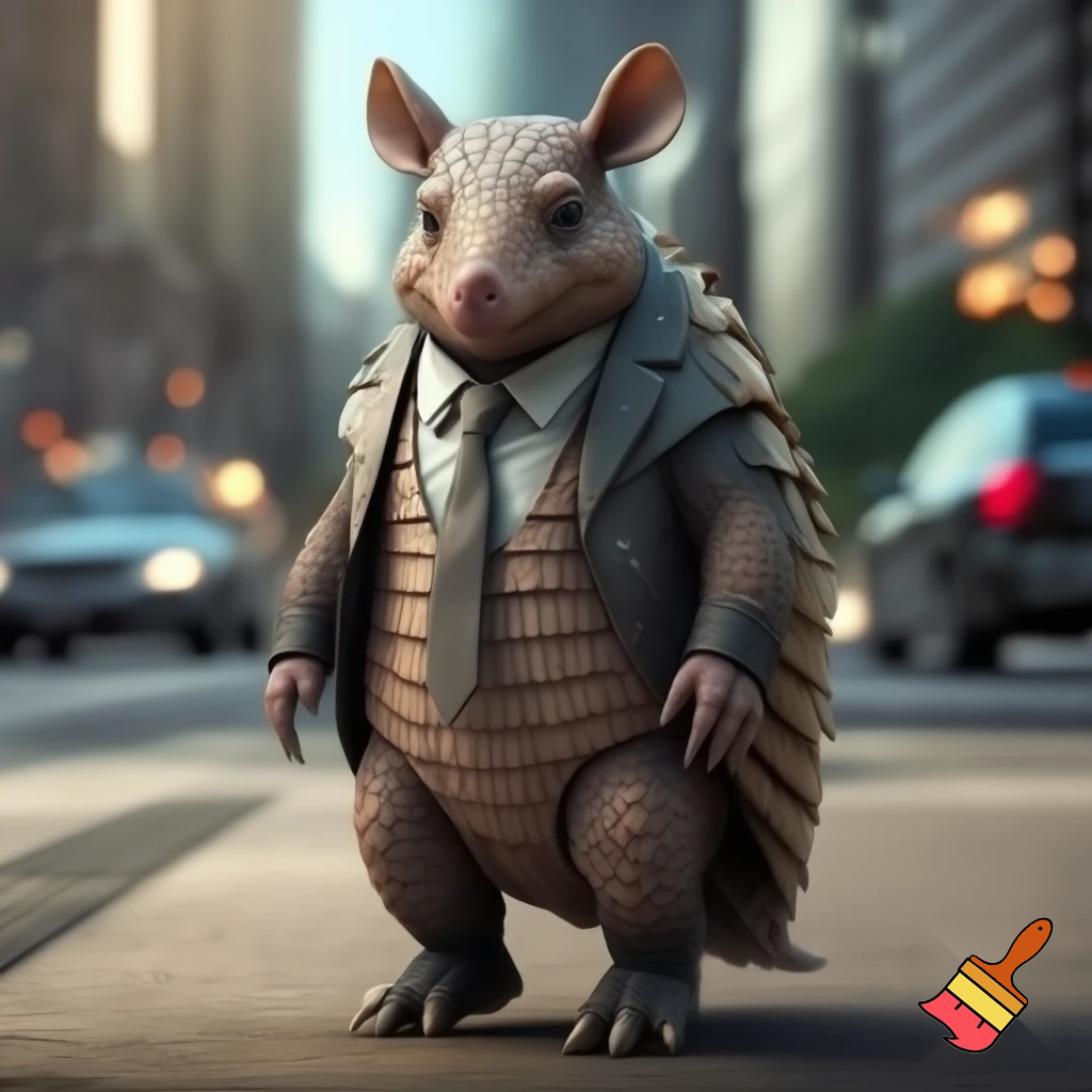 picture of an armadillo wearing a business suite and vombat boots