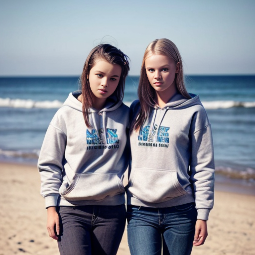 Create an image of two sisters standing next to each other. One of them, the old one, has brown hair and blue eyes. She is around 18 years old and her sisters head goes up to her neck. Her hair is long and silky. The younger sister has blonde hair and blue eyes. She is 13 years old. They are both wearing packing hoodies and baggy black jeans. The hoodies are dusky grey with your Australian flag on them however the jumpers have an old retro sort of vibe. They are at the beach. They have their Arms around each other they are both very beautiful 