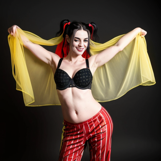 90's disney's 2d aladdin style comic black background and panels of 
panel 1 Harley Quinn with light black and red striped harem pants and bra and black and red curved slippers with both hand palms place together and hiding the bottom of her mouth with a light black and red striped veil wrapped around her arms and shoulders. 
panel 2 she danced with light black and red striped harem pants with light black and red striped bra and red and black curved slippers and with light black and red striped veil wrapped around her arms and shoulders and raising legs and bounced up and down her belly and shook her hips left and right. 
panel 3 as Harley Quinn with light black and red striped harem pants and bra and red and black curved slippers and with red and light black striped veil wrapped around her shoulders and arms and spreading her arms, happily revealing her face to the viewer and giving a smile as she shook her belly left and right. 
Panel 4 Harley Quinn with light black and red striped harem pants and bra and black and red curved slippers and with light black and red striped veil wrapped around her shoulders and arms has started to fading away , except her belly, which is bouncing around and growing. 
Panel 5 then the ball transforms into the fading in belly of Giant red haired giganta barefoot with dark yellow spotted yellow harem pants and bra and dark yellow spotted yellow veil wrapped around her arms and shoulders with her swaying her hips. 
Panel 6 red haired giganta barefoot with dark yellow spotted yellow harem pants and bra and dark yellow spotted yellow veil wrapped around her arms and shoulders then she is flexing her muscled arms.