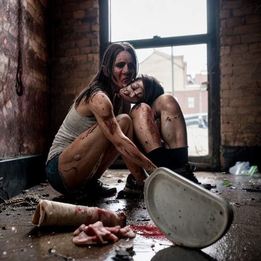 Photorealistic cinematic photograph of a grim, filthy urban back alley scene at dusk. A muscular, sweaty man in his 40s with dark messy hair tied back, wearing a blood-stained red tank top and apron, stands behind a makeshift wooden table. He is aggressively chopping raw meat and body parts with a cleaver on the bloody table, surrounded by plastic bags full of meat and gore.

Under the table in the shadows, two completely naked, dirty, malnourished women are crouched in the trash. The woman on the left has long disheveled brown hair, sits with legs apart, looking exhausted and broken. The woman on the right has shorter hair, crouches hugging her knees, looking scared. Both are covered in dirt, grime, and bruises.

The ground is covered in garbage, broken concrete, puddles, and trash bags. A rusty green dumpster and a brown bin are visible. Crumbling brick walls with peeling paint and a dirty window in the background. Extremely detailed, gritty texture, cinematic lighting with harsh shadows, hyperrealistic, documentary style, raw and disturbing atmosphere, 8k photorealism, sharp focus, natural color grading with desaturated tones and strong reds from the blood and apron.