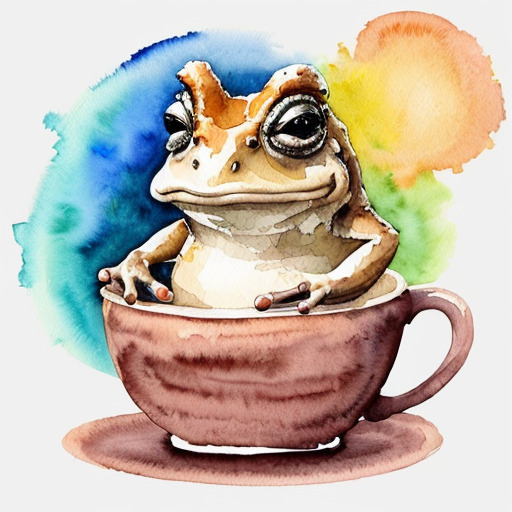 A hillarious, funny boho toad with some hippie colored coffee cups. Psychedelic decorated background. Drawing Hard style.
