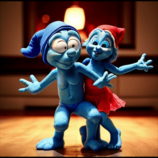 Show me a picture of Smurf and Smurfette dancing together.