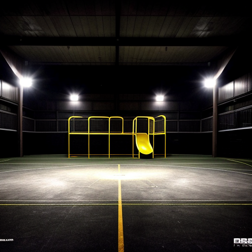 An early 2000s digital photo of an empty dark playground thats strangely clean, the only light is the one coming from the camera flash, the place gives an uncanny feeling, and the picture is slightly tilted and noisy 