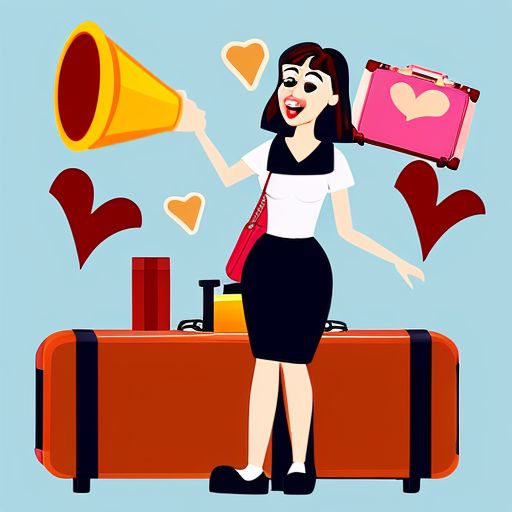 caricatura animada mujer con maleta llena de recuerdos , megafono y un corazon floreciendo