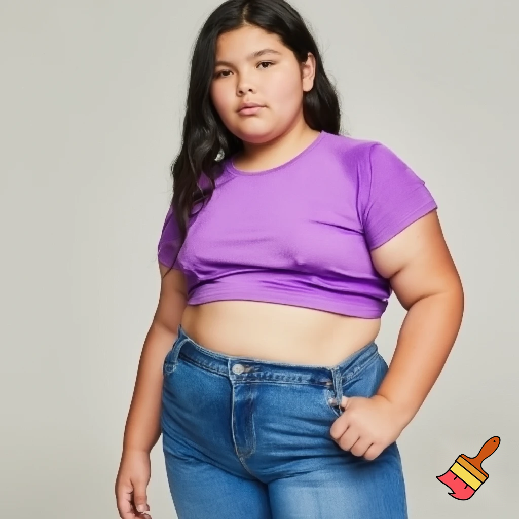 12 year-old girl, fat body, purple crop top, smooth blue jeans
