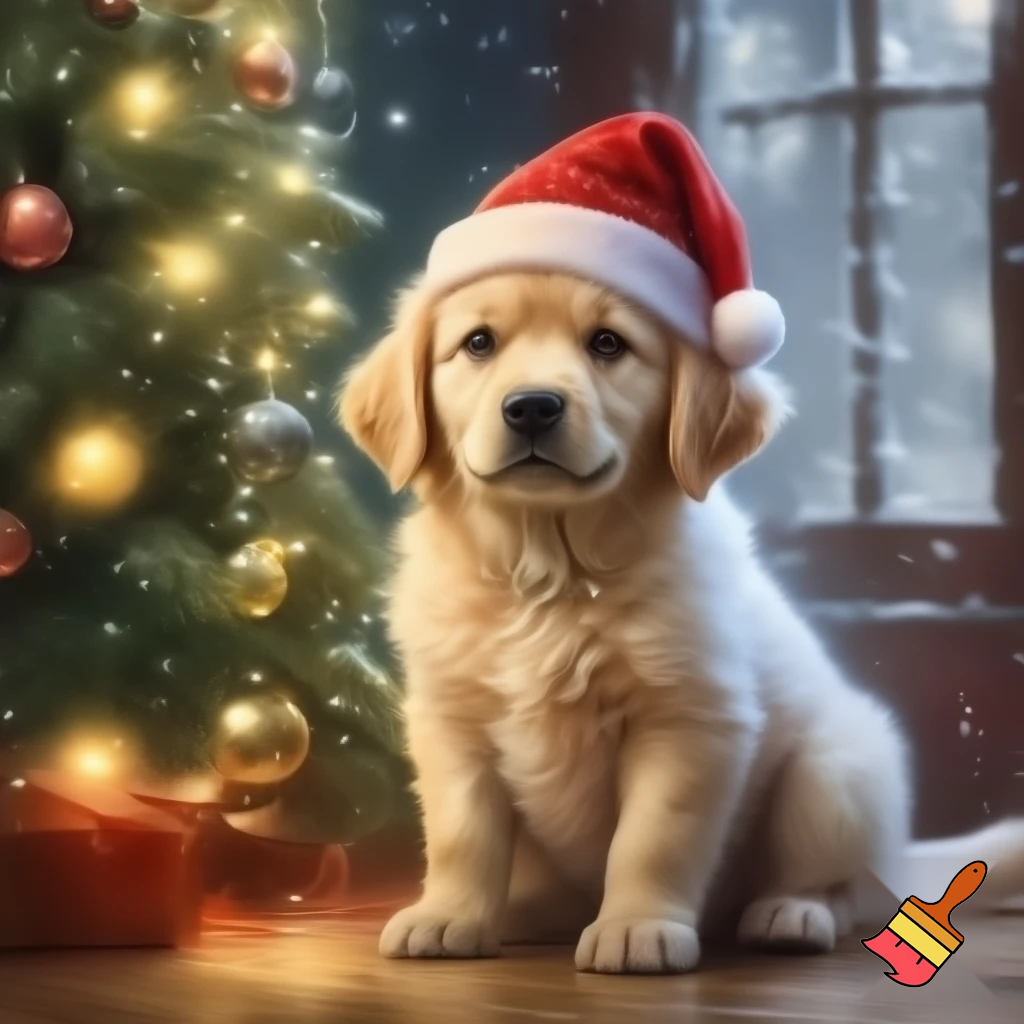 een witte golden retriever met een rode kerstmuts en een kerstboom