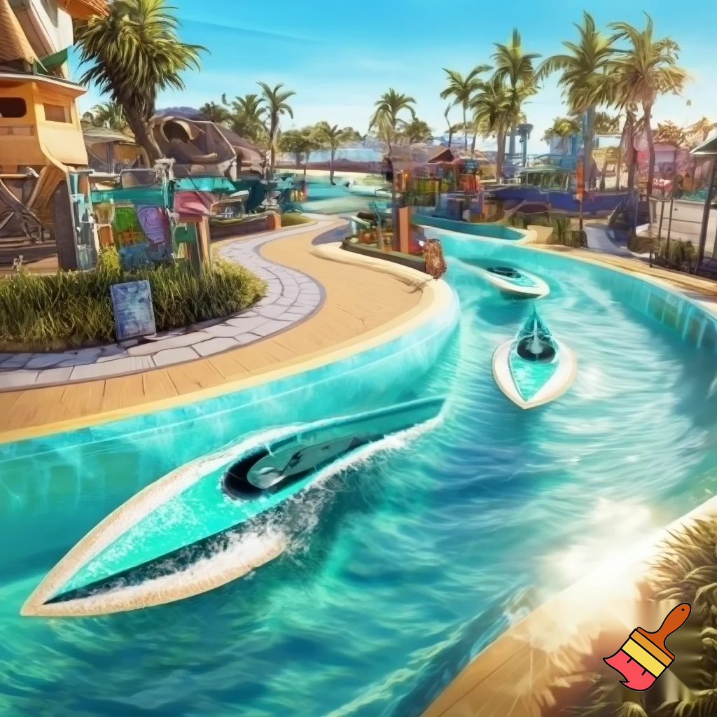Create a realistic, theme park water ride and the boats in shapes of teal and white surfboards with a Malibu beach vibe. Also, add a path