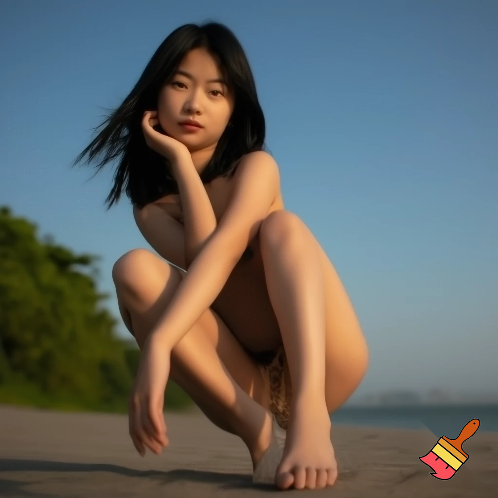 one beautiful nude chinese girl on the beach, establishing shot, low-angle shot