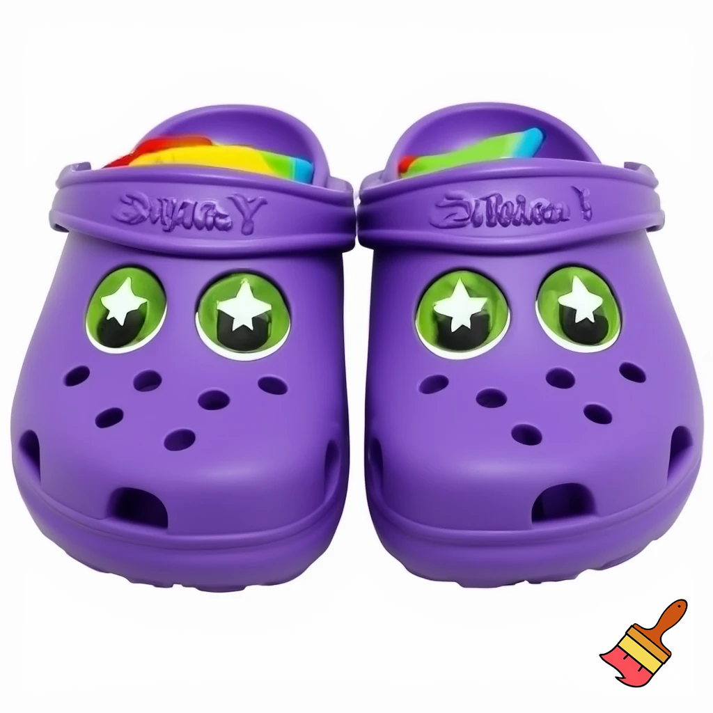 with white star pupils and bright green eyes and :3 smile and purple clogs with star rainbow bionic pastel red yellow blue clog backstraps in Panty & Stocking With Garterbelt style and hair covering both ears