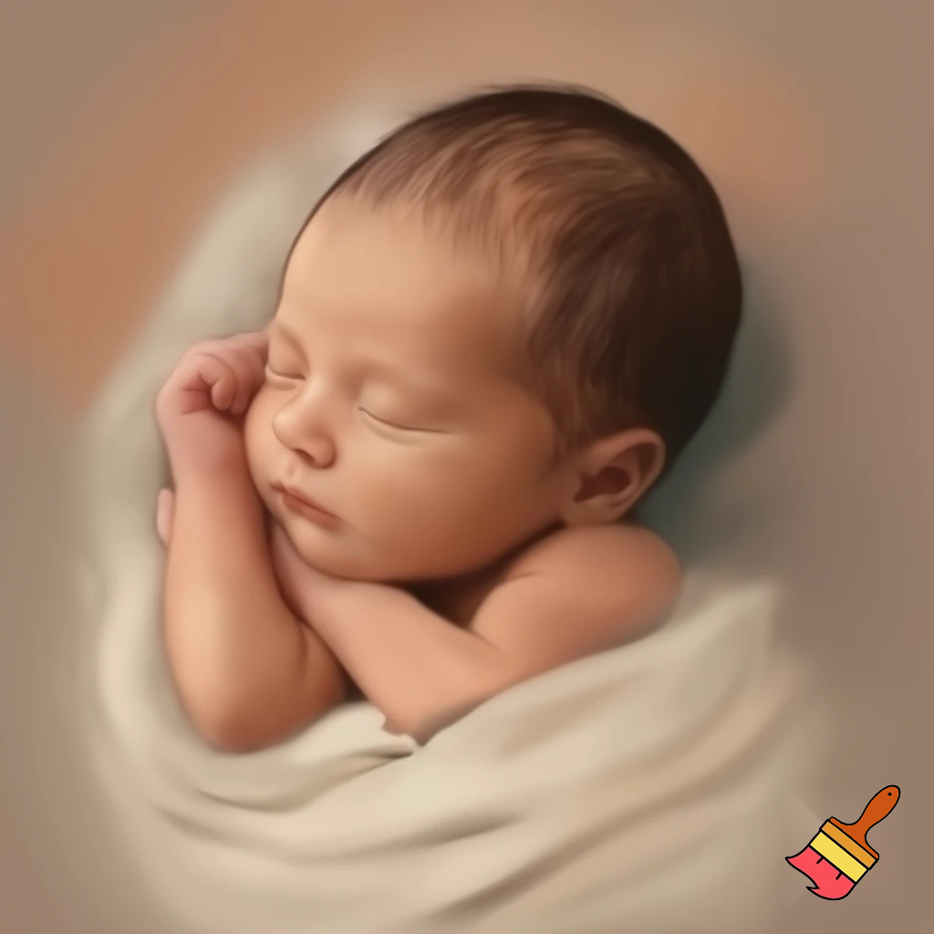 a simple hand‑drawn portrait of a newborn baby wrapped in cloth, soft lines, minimal background, warm muted colors